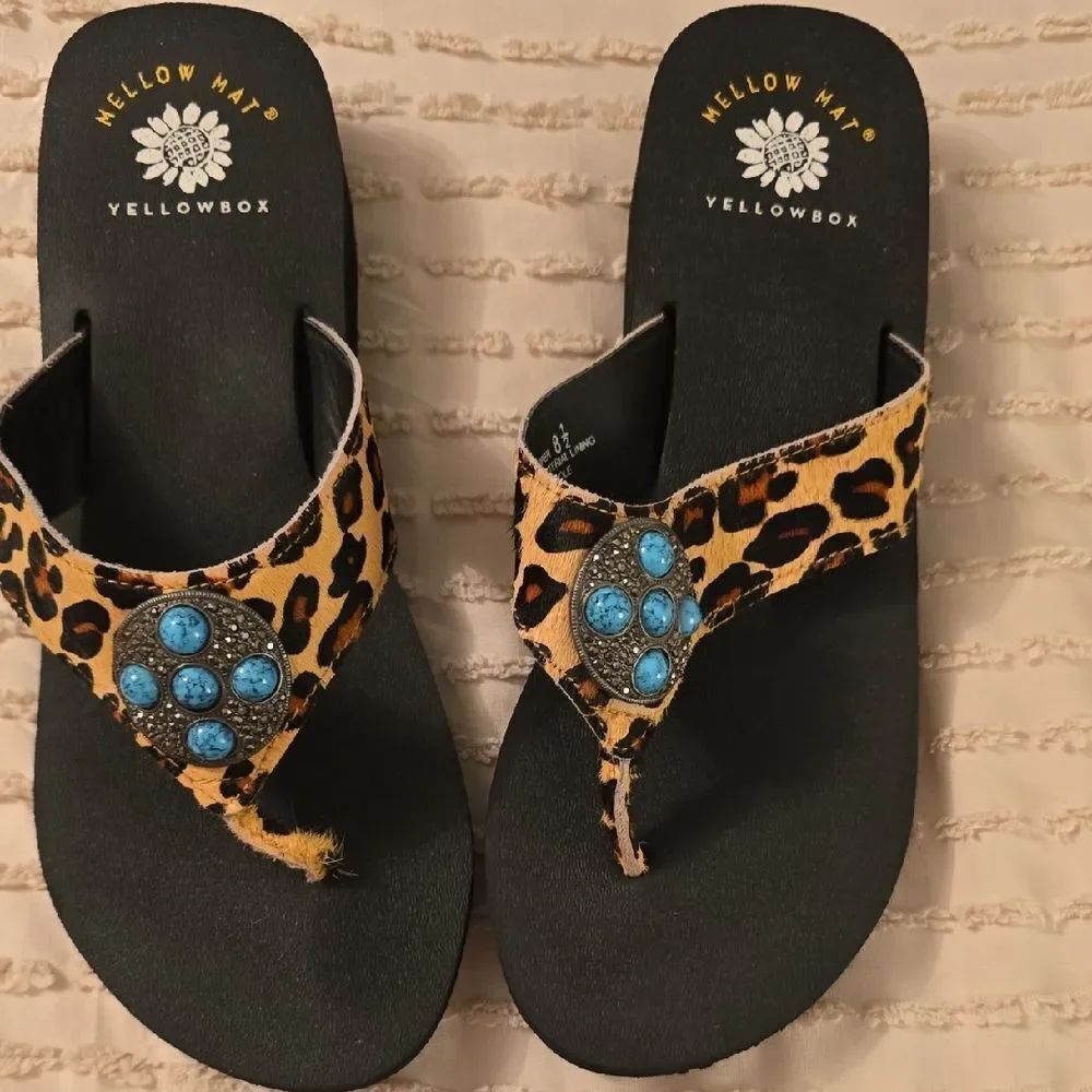 Yellowbox Leopard Print Flip Sandals with Turquoise Conchos